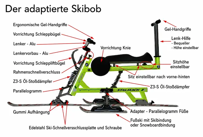 Beschrifteter Aufbau eines Skibobs mit Rahmen, Sitzbank, Lenker und Skiern